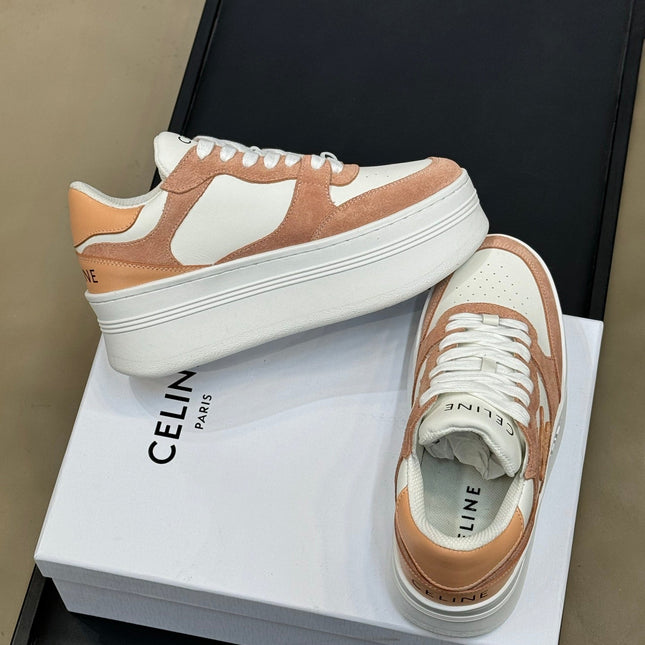 CELINE 26S WEDGE SNEAKERS IN WHITE CALFSKIN AND CARAMEL SUEDE