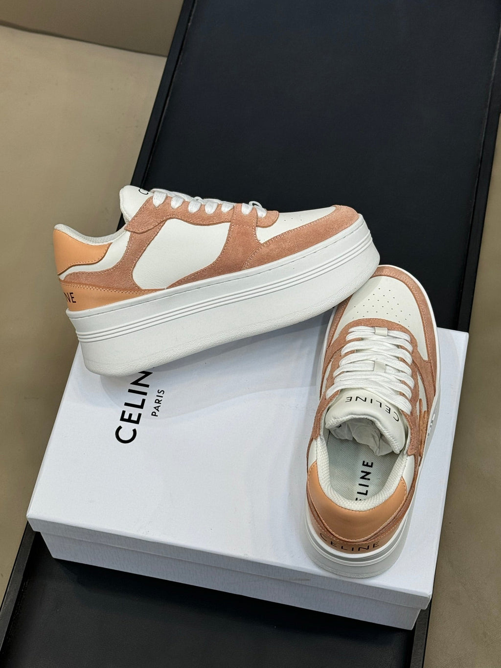CELINE 26S WEDGE SNEAKERS IN WHITE CALFSKIN AND CARAMEL SUEDE