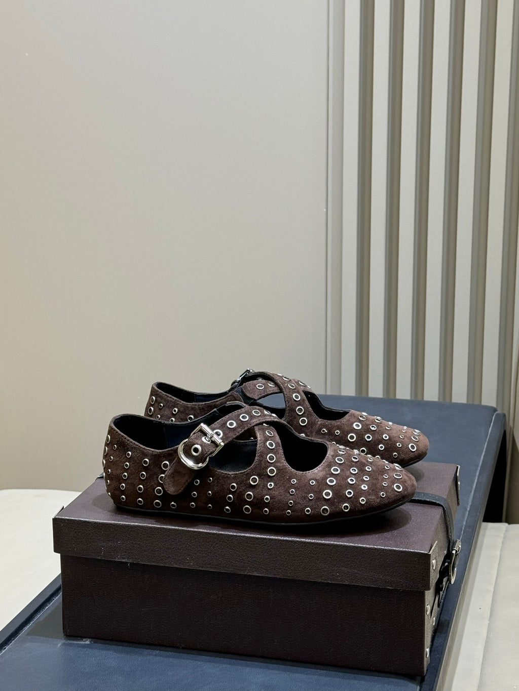 ALAIA 26S CROSS-STRAP FLATS IN DARK BROWN SUEDE WITH SILVER HARDWARE