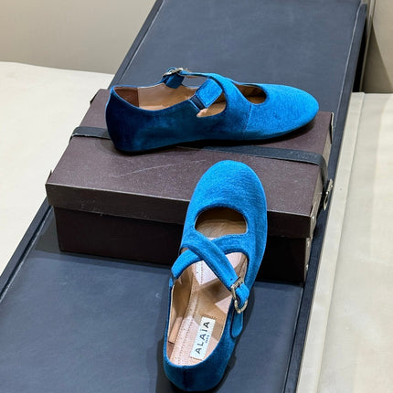ALAIA 26S MARY JANE BALLET FLATS IN DARK BLUE VELVET