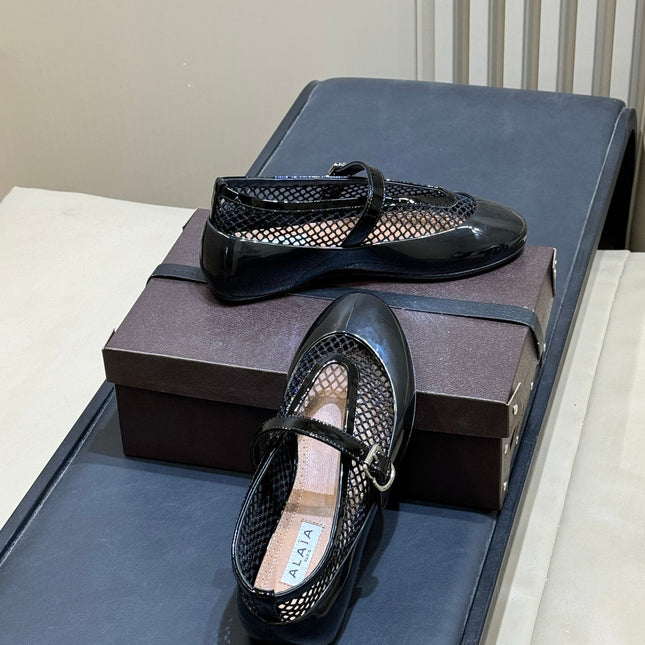 ALAIA 26S MARY JANE BALLET FLATS IN BLACK MESH AND GLOSSY CALFSKIN