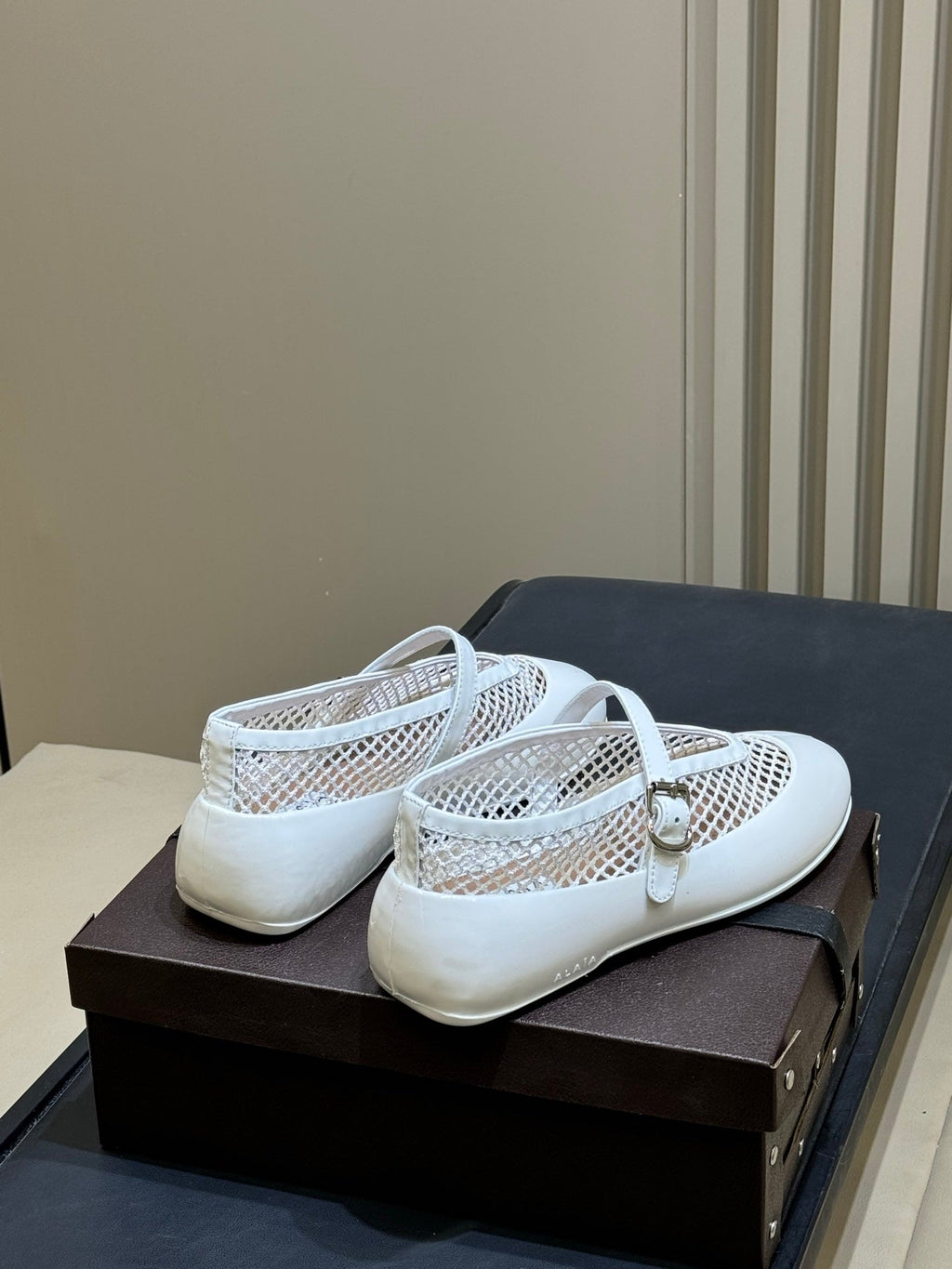 ALAIA 26S MARY JANE BALLET FLATS IN WHITE MESH AND GLOSSY CALFSKIN