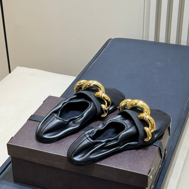 ALAIA 26S KNIT BALLET FLATS IN BLACK LAMBSKIN WITH GOLD HARDWARE