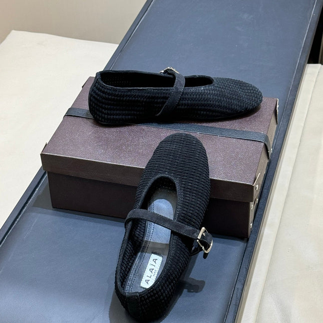 ALAIA 26S KNIT BALLET FLATS IN BLACK SUEDE