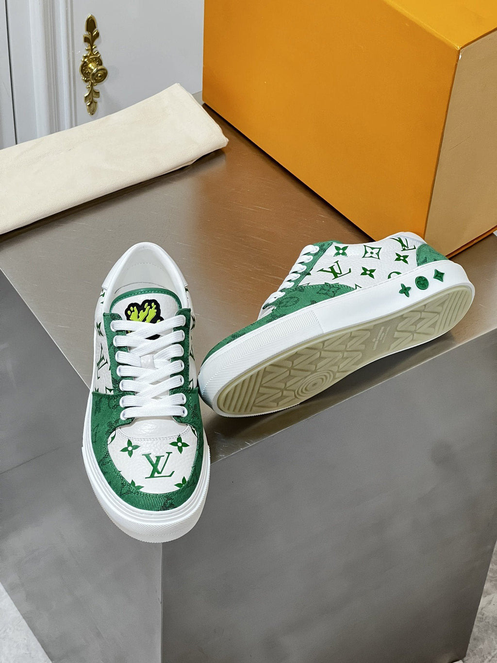 LV MONOGRAM GREEN AND WHITE SNEAKERS