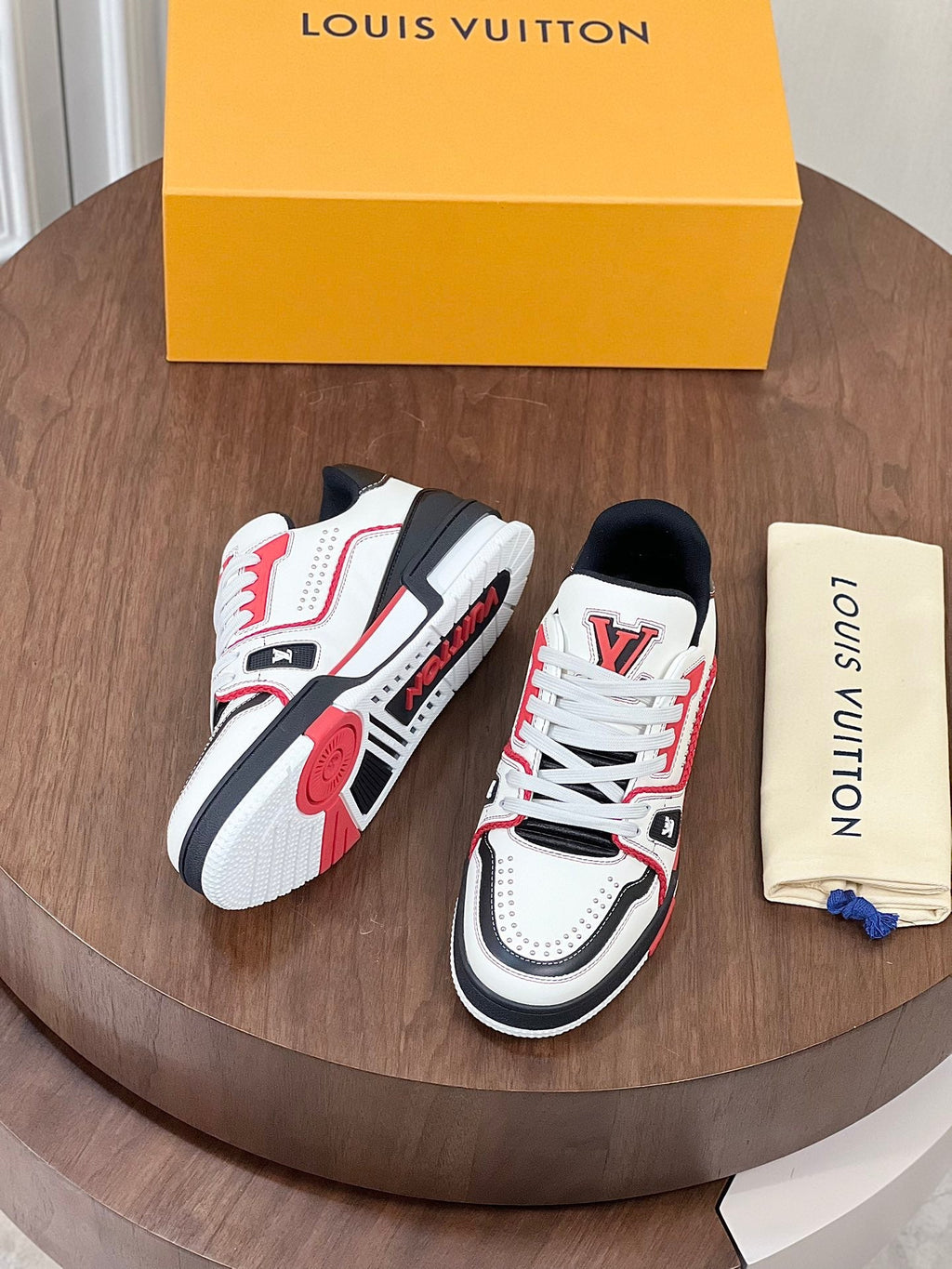 LV TRAINER WHITE MIX BLACK AND RED MONOGRAM CALFSKIN