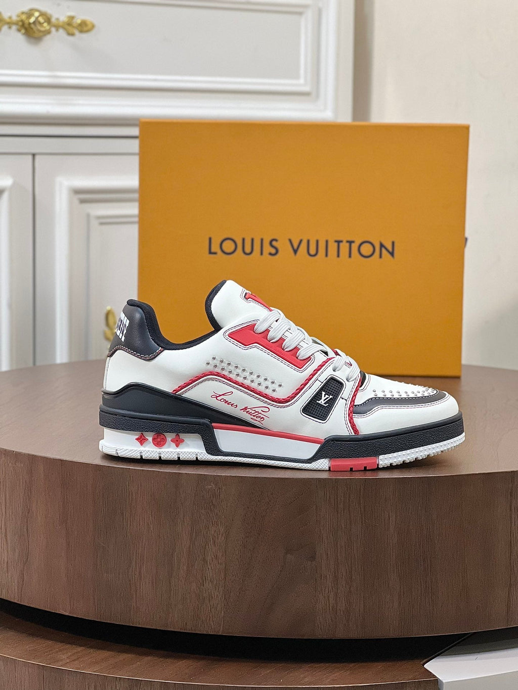 LV TRAINER WHITE MIX BLACK AND RED MONOGRAM CALFSKIN