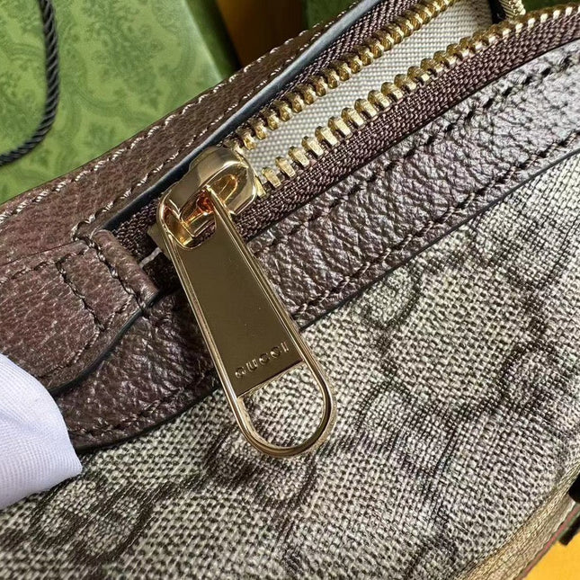 OPHIDIA 31 SMALL TOP HANDLE BAG IN BEIGE CANVAS AND BROWN CALFSKIN