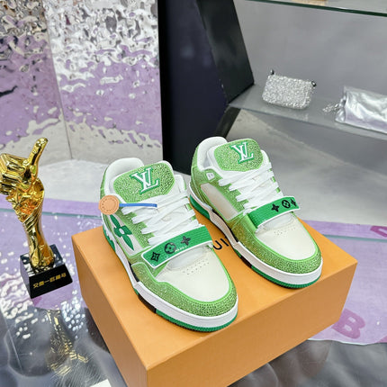LV 26S TRAINER SNEAKERS IN LIME GREEN WHITE CALFSKIN WITH RHINESTONE