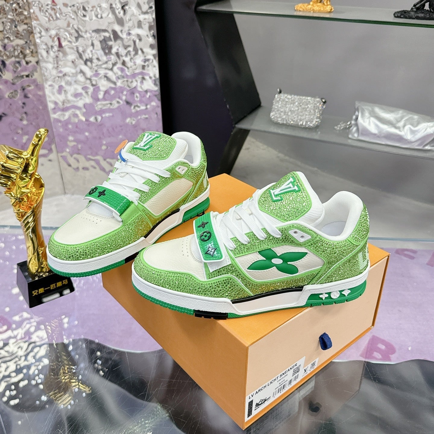 LV 26S TRAINER SNEAKERS IN LIME GREEN WHITE CALFSKIN WITH RHINESTONE