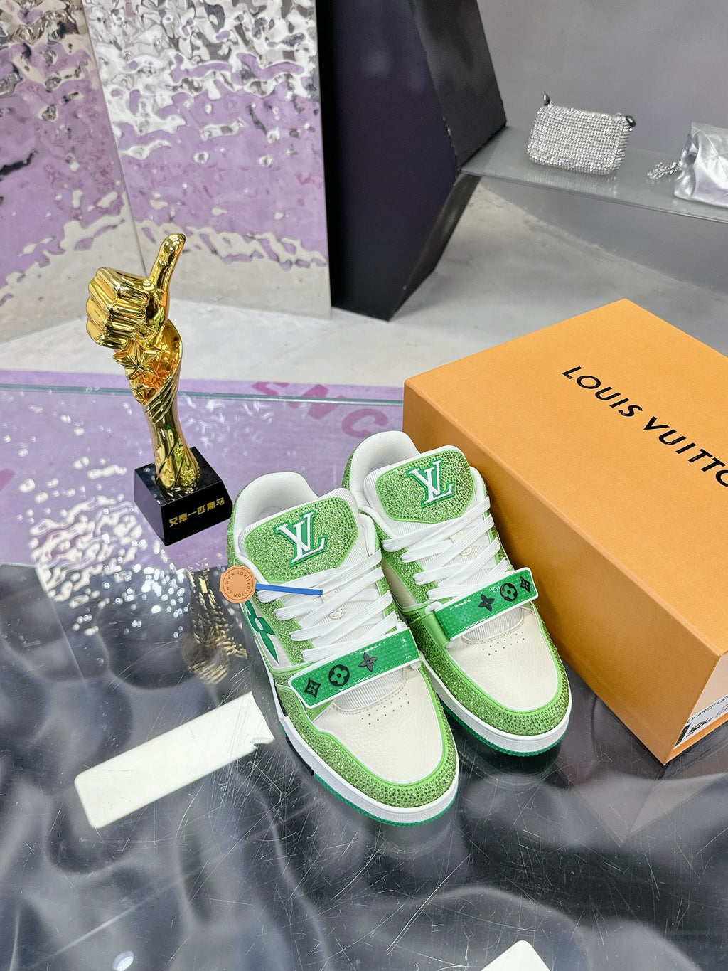 LV 26S TRAINER SNEAKERS IN LIME GREEN WHITE CALFSKIN WITH RHINESTONE