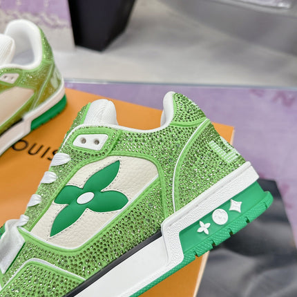 LV 26S TRAINER SNEAKERS IN LIME GREEN WHITE CALFSKIN WITH RHINESTONE