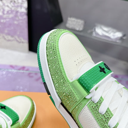 LV 26S TRAINER SNEAKERS IN LIME GREEN WHITE CALFSKIN WITH RHINESTONE