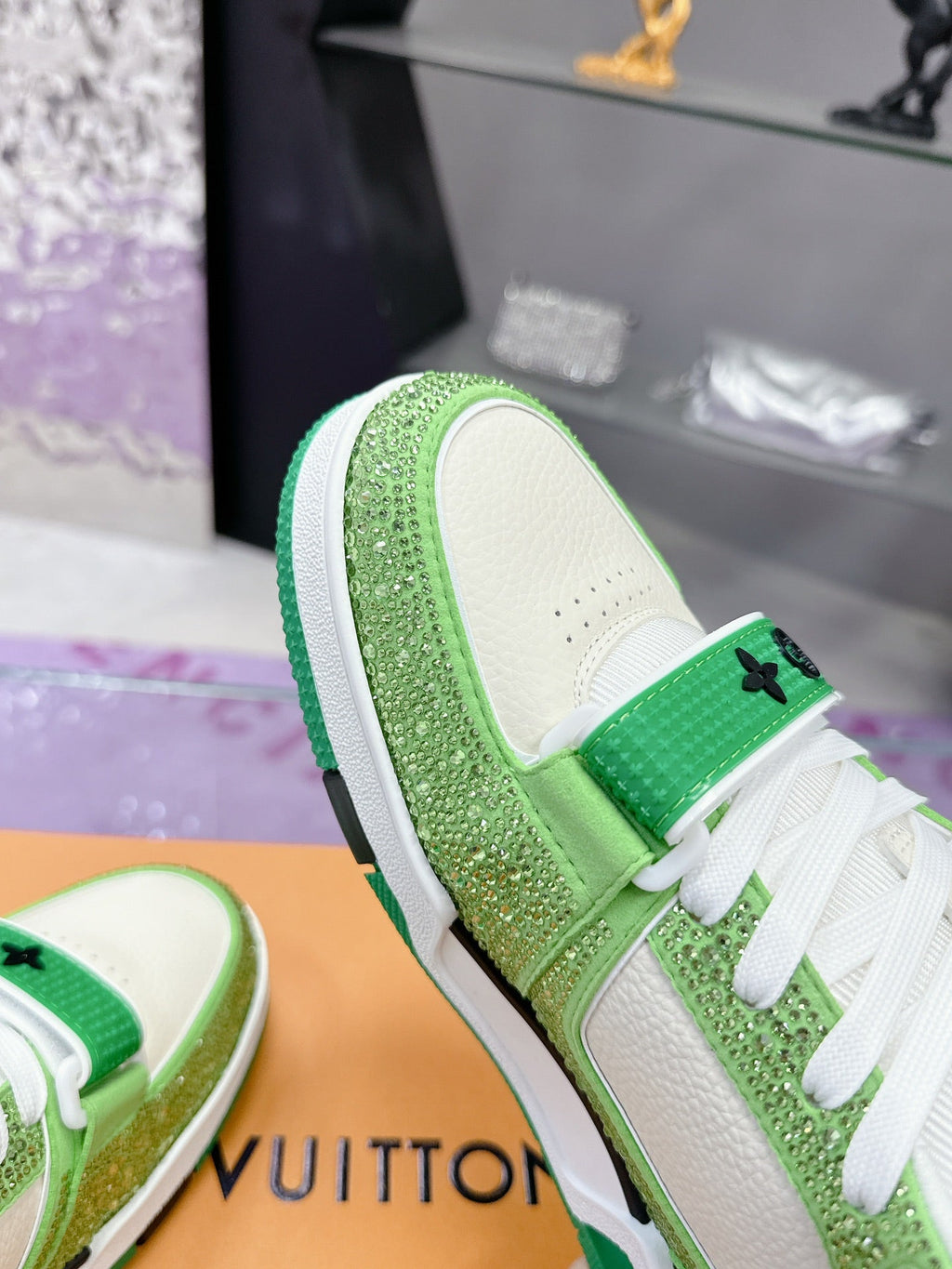 LV 26S TRAINER SNEAKERS IN LIME GREEN WHITE CALFSKIN WITH RHINESTONE
