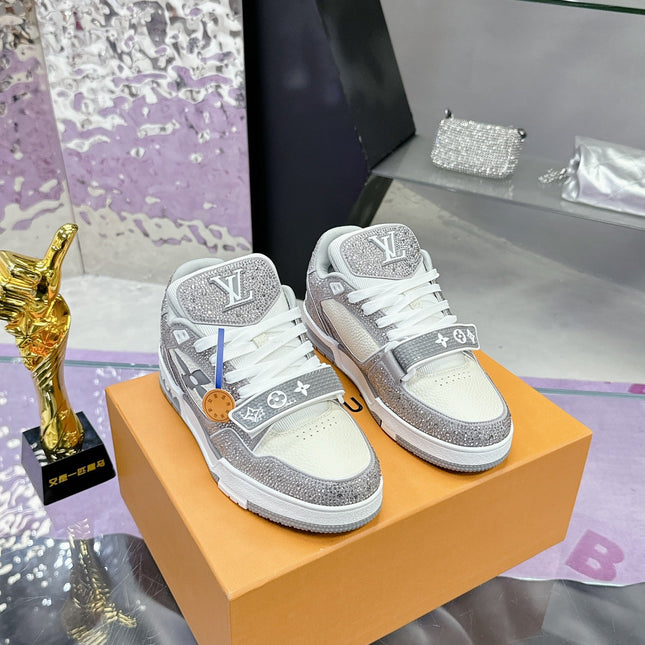 LV 26S TRAINER SNEAKERS IN WHITE GREY CALFSKIN WITH RHINESTONE