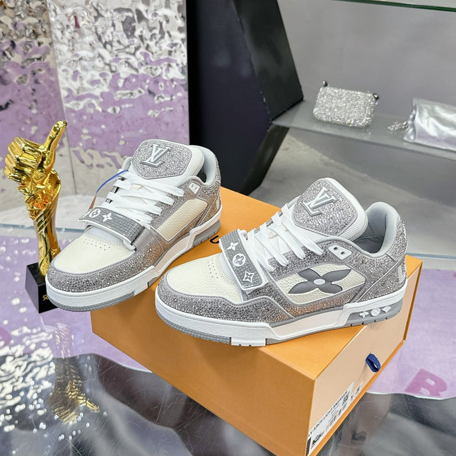 LV 26S TRAINER SNEAKERS IN WHITE GREY CALFSKIN WITH RHINESTONE