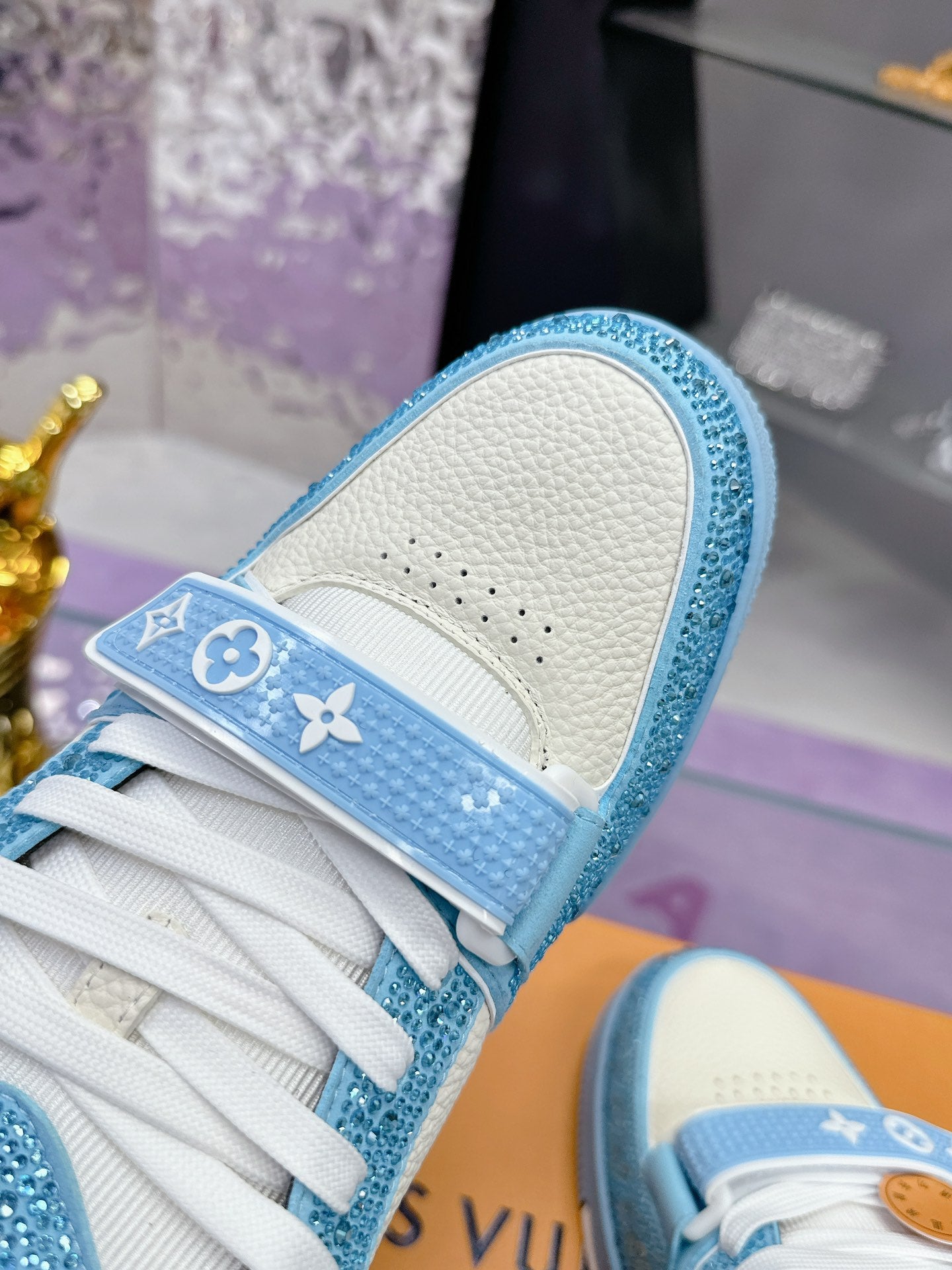 LV 26S TRAINER SNEAKERS IN SKY BLUE WHITE CALFSKIN WITH RHINESTONE