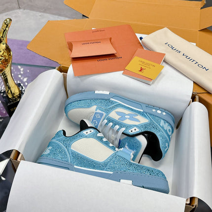 LV 26S TRAINER SNEAKERS IN SKY BLUE WHITE CALFSKIN WITH RHINESTONE