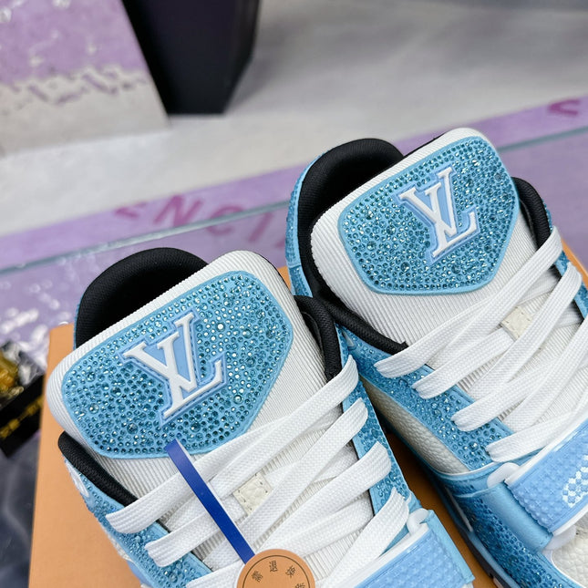 LV 26S TRAINER SNEAKERS IN SKY BLUE WHITE CALFSKIN WITH RHINESTONE