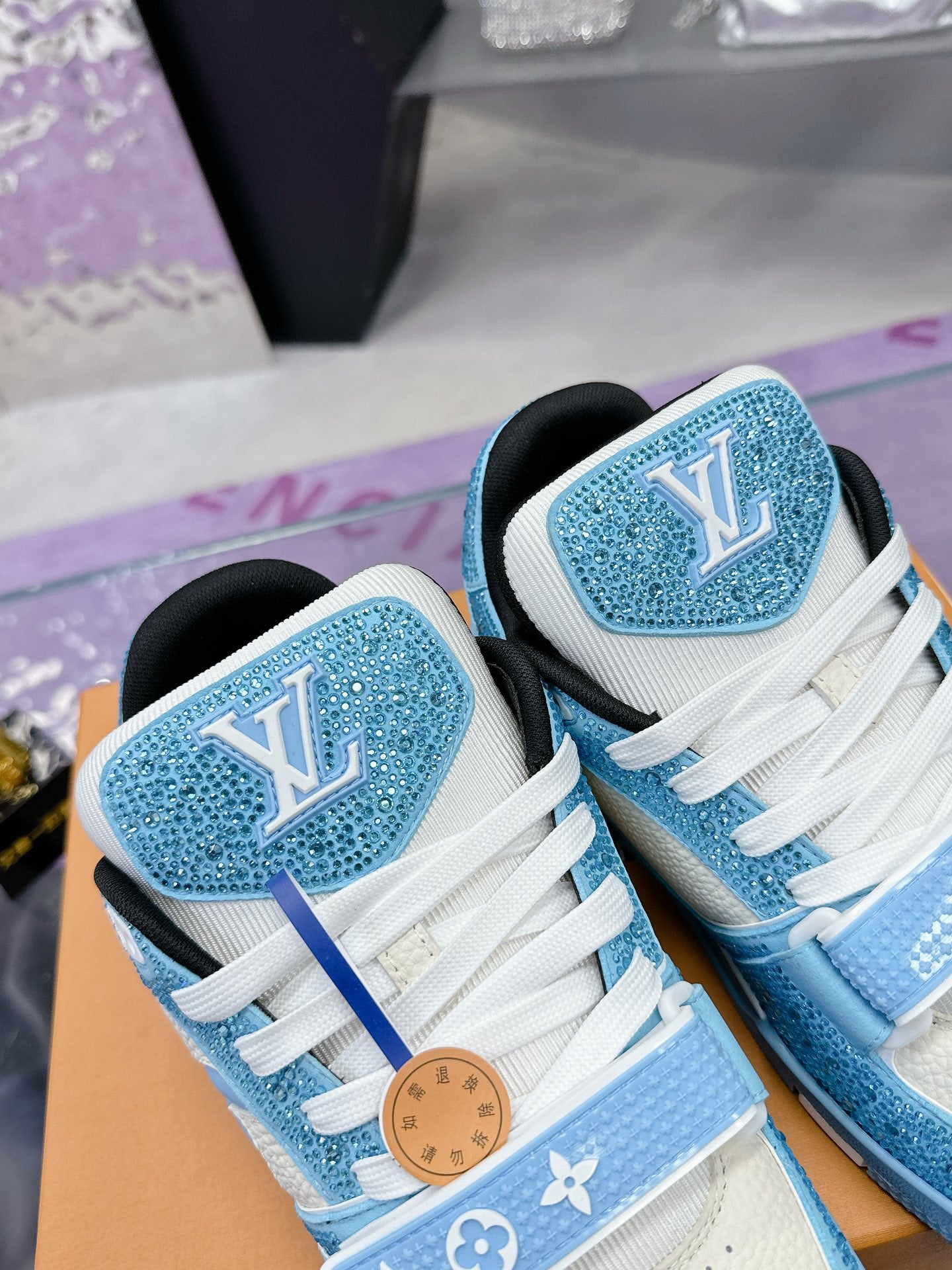 LV 26S TRAINER SNEAKERS IN SKY BLUE WHITE CALFSKIN WITH RHINESTONE
