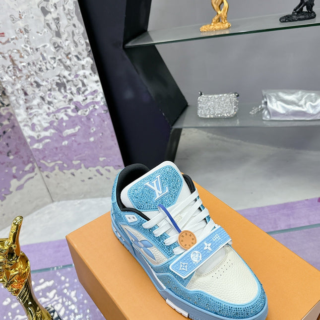 LV 26S TRAINER SNEAKERS IN SKY BLUE WHITE CALFSKIN WITH RHINESTONE
