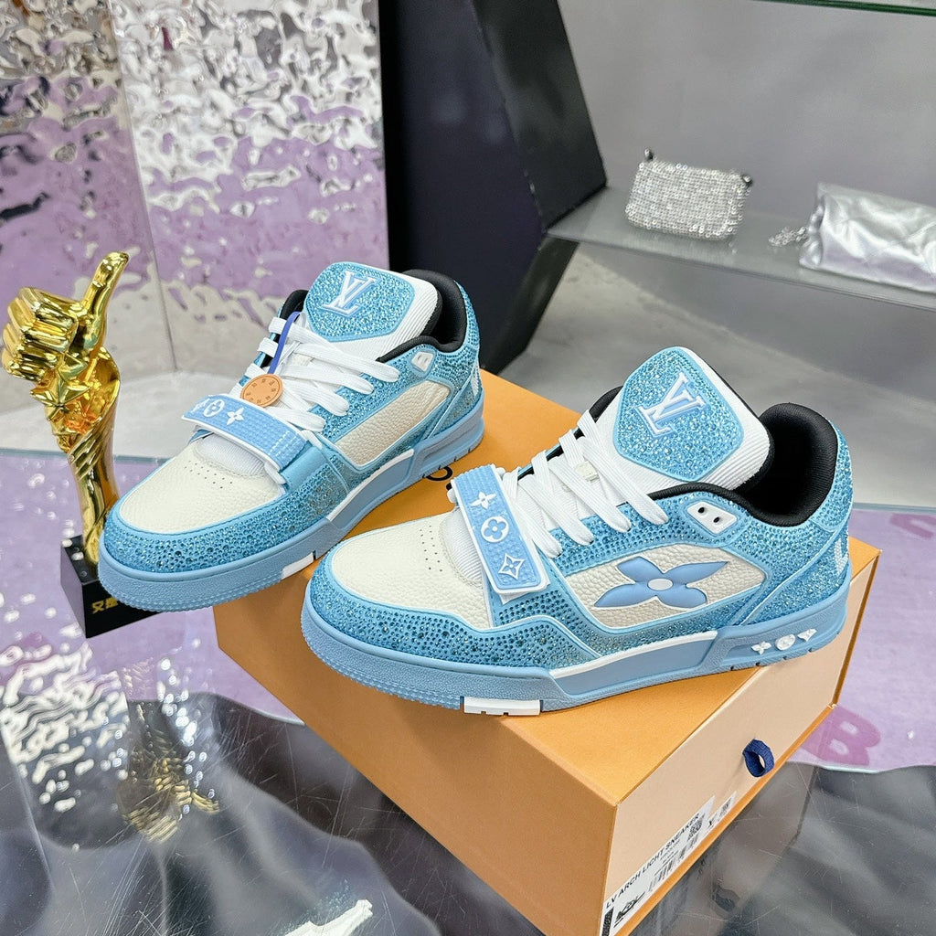 LV 26S TRAINER SNEAKERS IN SKY BLUE WHITE CALFSKIN WITH RHINESTONE