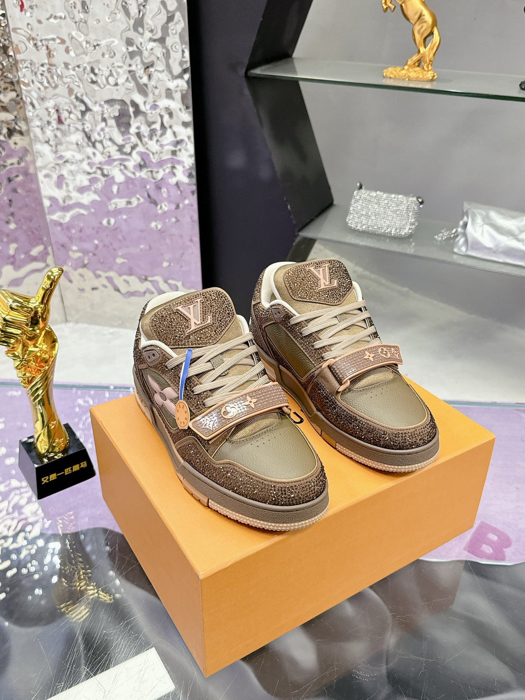 LV 26S TRAINER SNEAKERS IN BEIGE BROWN CALFSKIN WITH RHINESTONE
