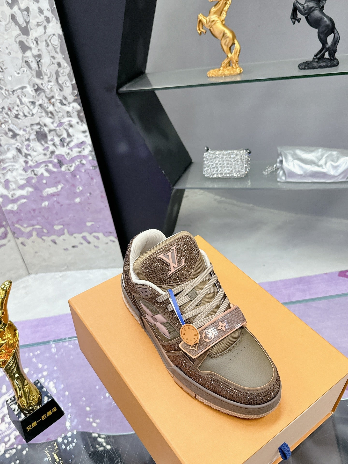 LV 26S TRAINER SNEAKERS IN BEIGE BROWN CALFSKIN WITH RHINESTONE