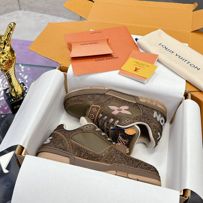 LV 26S TRAINER SNEAKERS IN BEIGE BROWN CALFSKIN WITH RHINESTONE