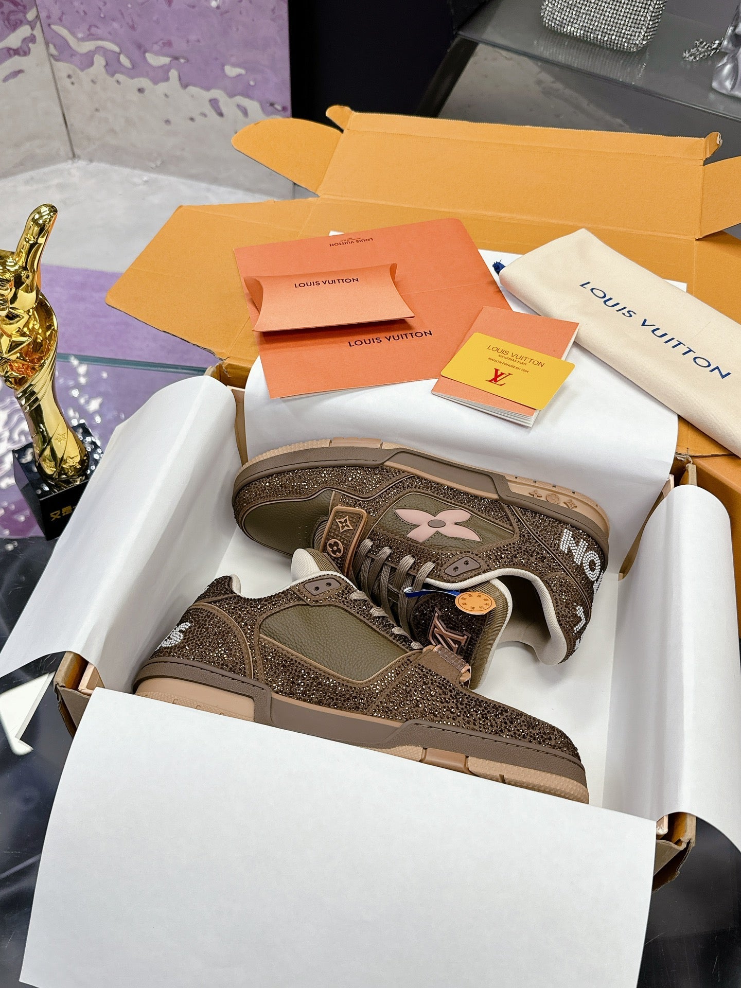 LV 26S TRAINER SNEAKERS IN BEIGE BROWN CALFSKIN WITH RHINESTONE