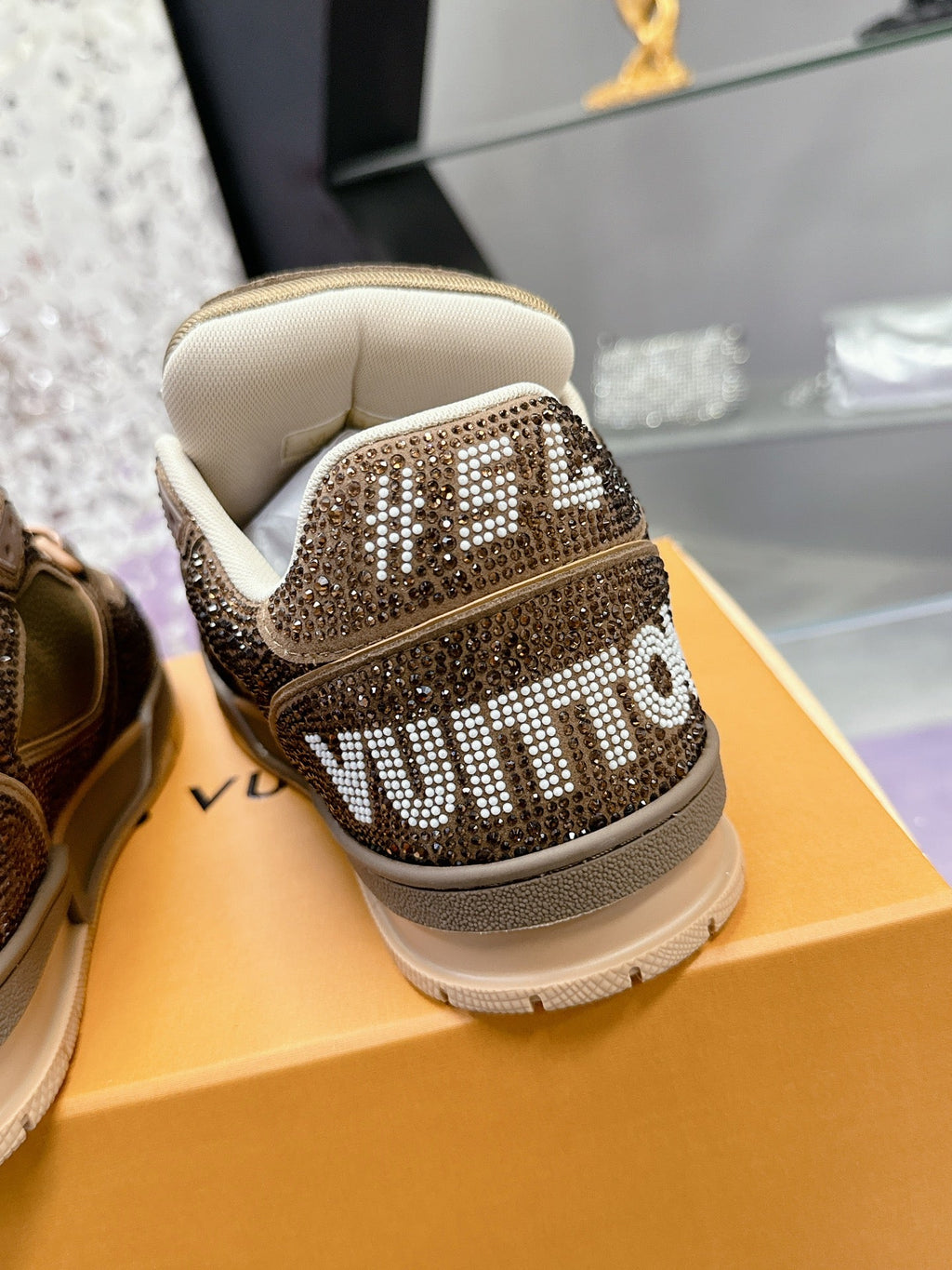 LV 26S TRAINER SNEAKERS IN BEIGE BROWN CALFSKIN WITH RHINESTONE