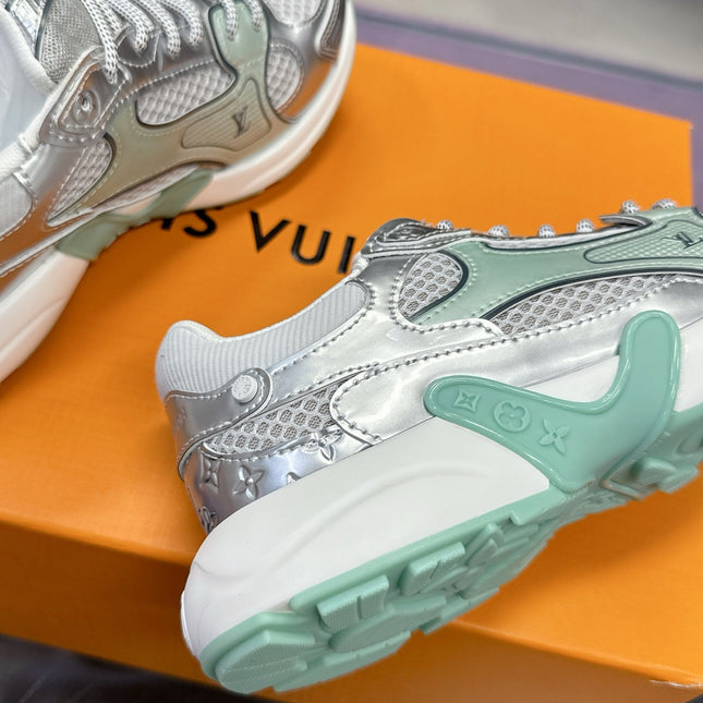 LV SNEAKERS IN SILVER AND GREEN MESH MIX CALFSKIN