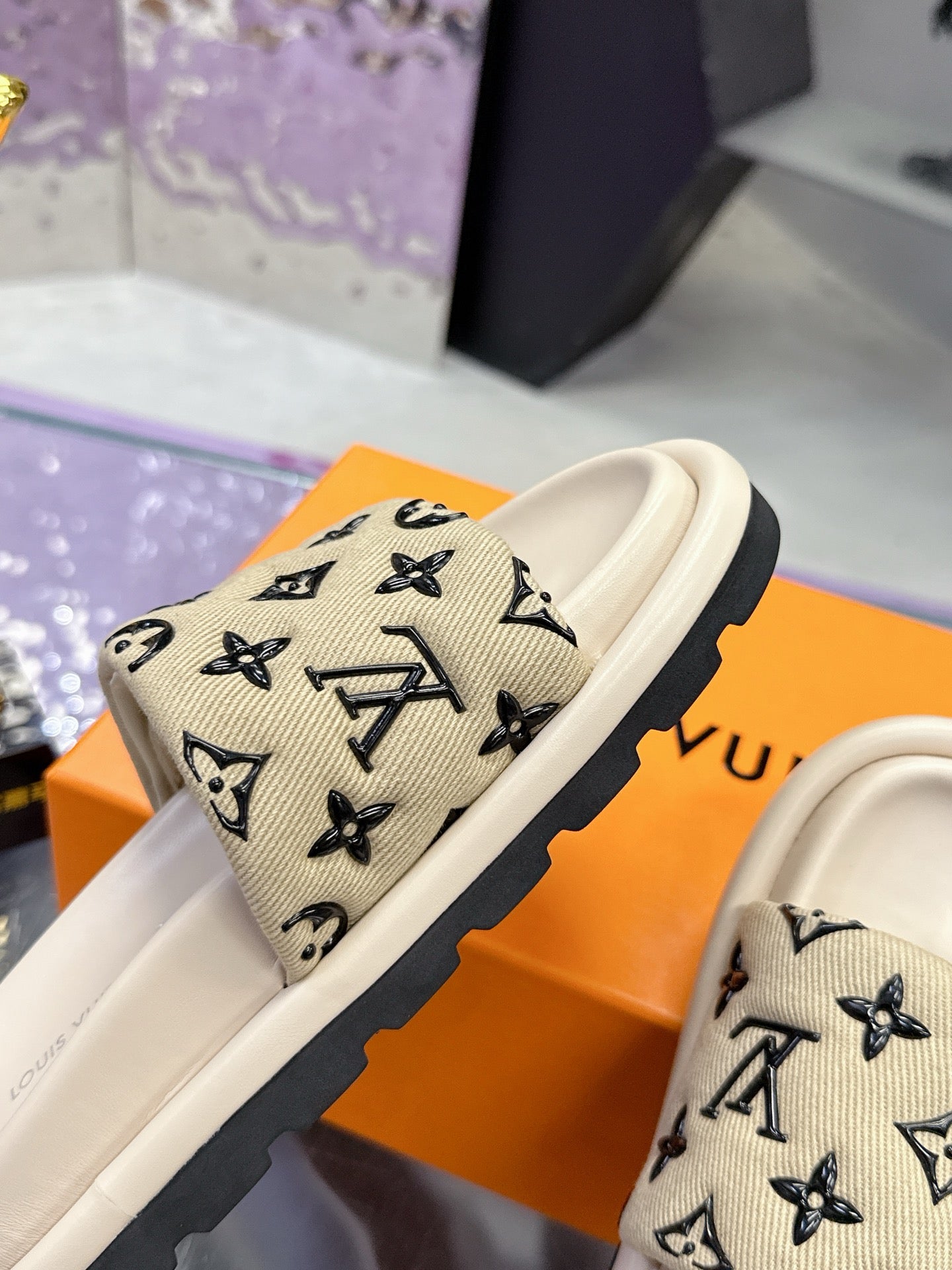 LV 26S POOL PILLOW SLIDES IN BEIGE BLACK MONOGRAM DENIM AND CALFSKIN