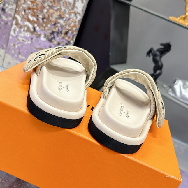 LV 26S POOL PILLOW SLIDES IN BEIGE BLACK MONOGRAM DENIM AND CALFSKIN
