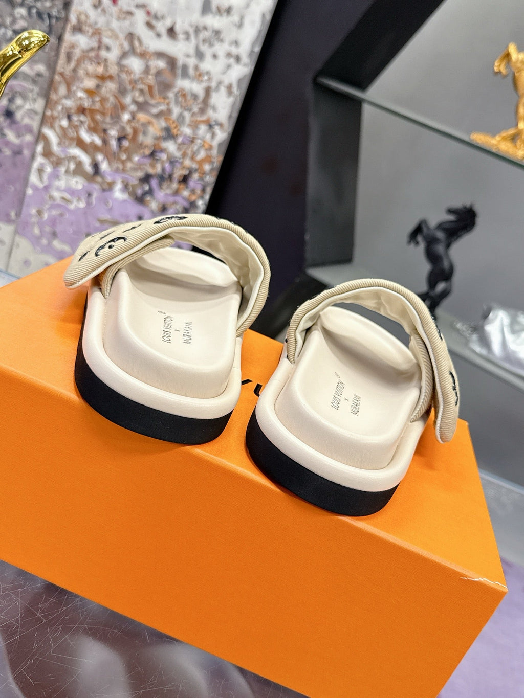 LV 26S POOL PILLOW SLIDES IN BEIGE BLACK MONOGRAM DENIM AND CALFSKIN