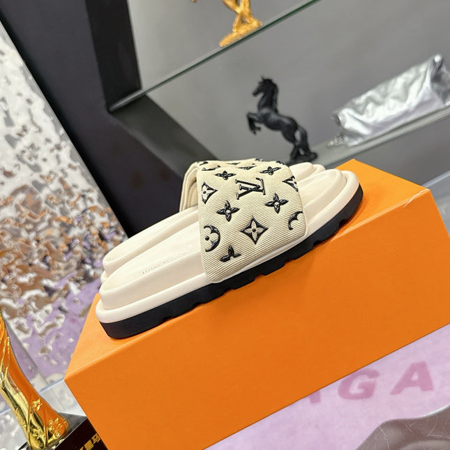 LV 26S POOL PILLOW SLIDES IN BEIGE BLACK MONOGRAM DENIM AND CALFSKIN