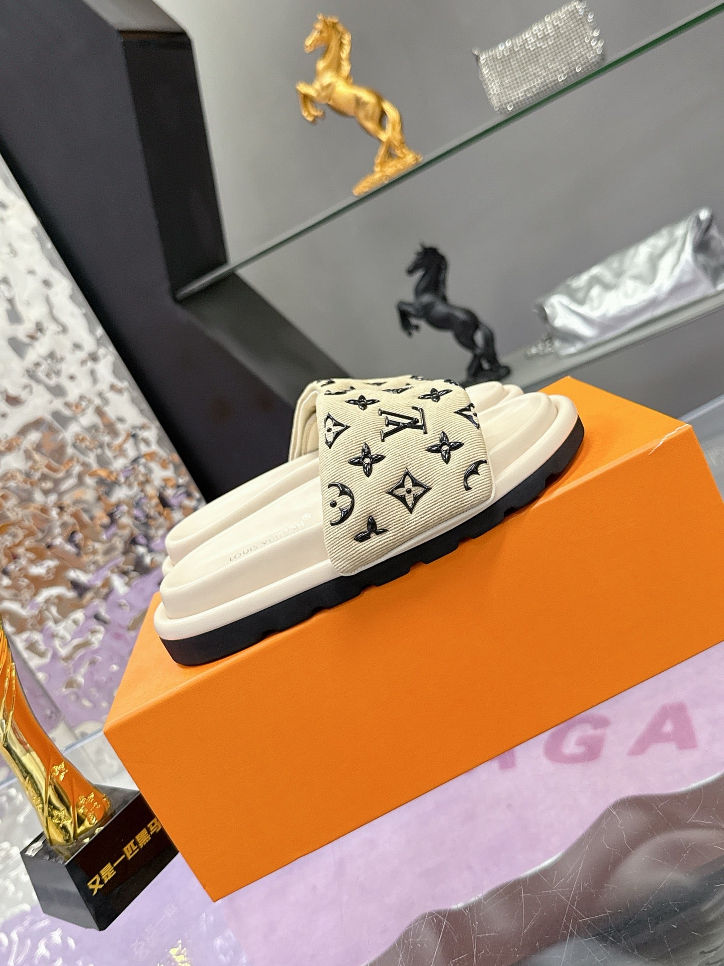 LV 26S POOL PILLOW SLIDES IN BEIGE BLACK MONOGRAM DENIM AND CALFSKIN