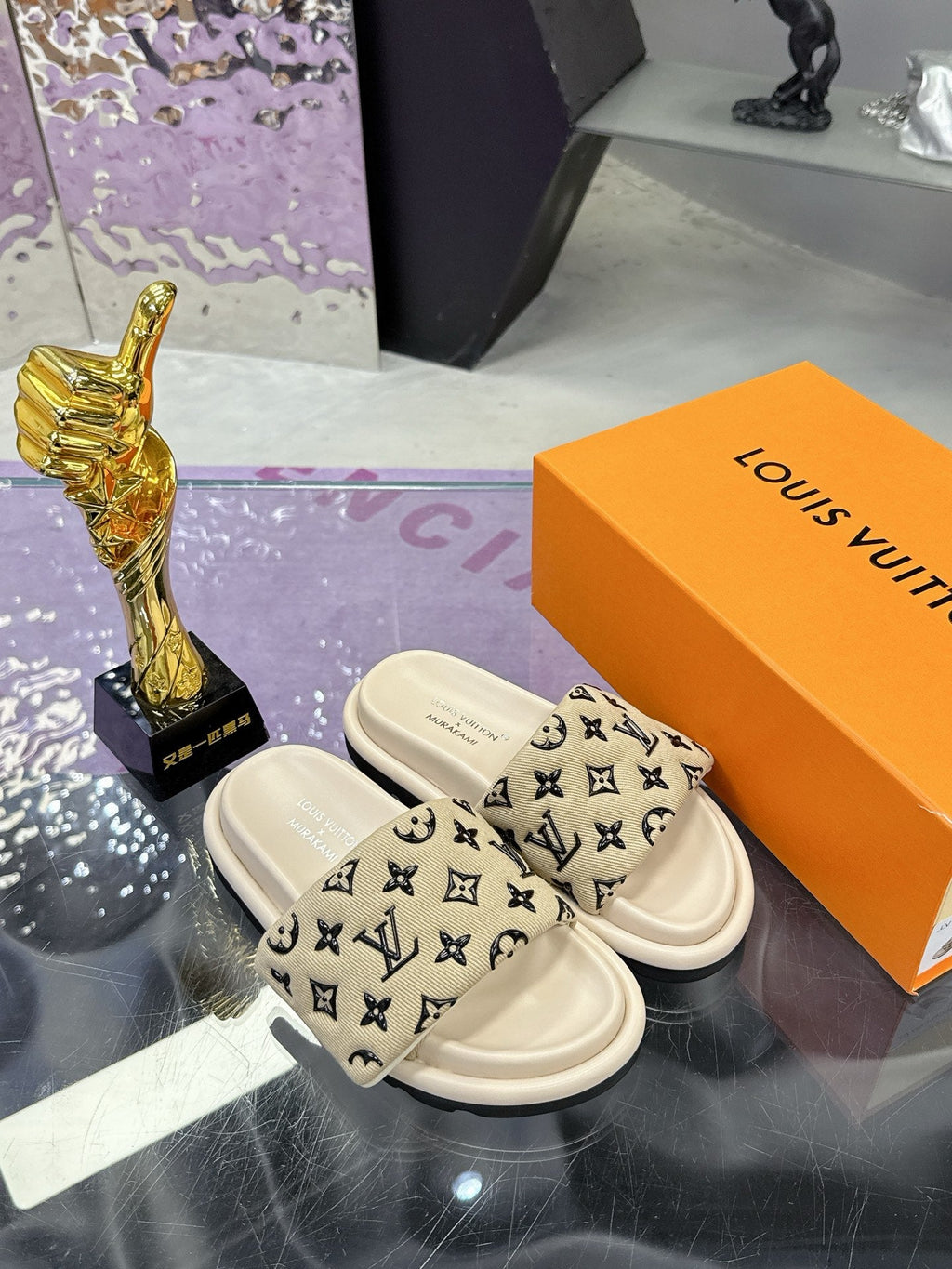 LV 26S POOL PILLOW SLIDES IN BEIGE BLACK MONOGRAM DENIM AND CALFSKIN