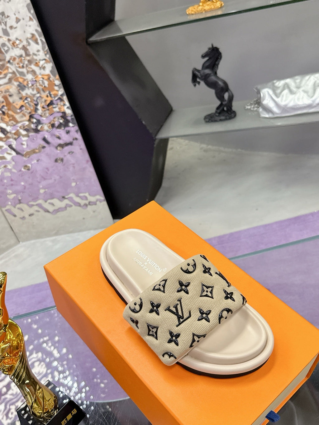 LV 26S POOL PILLOW SLIDES IN BEIGE BLACK MONOGRAM DENIM AND CALFSKIN
