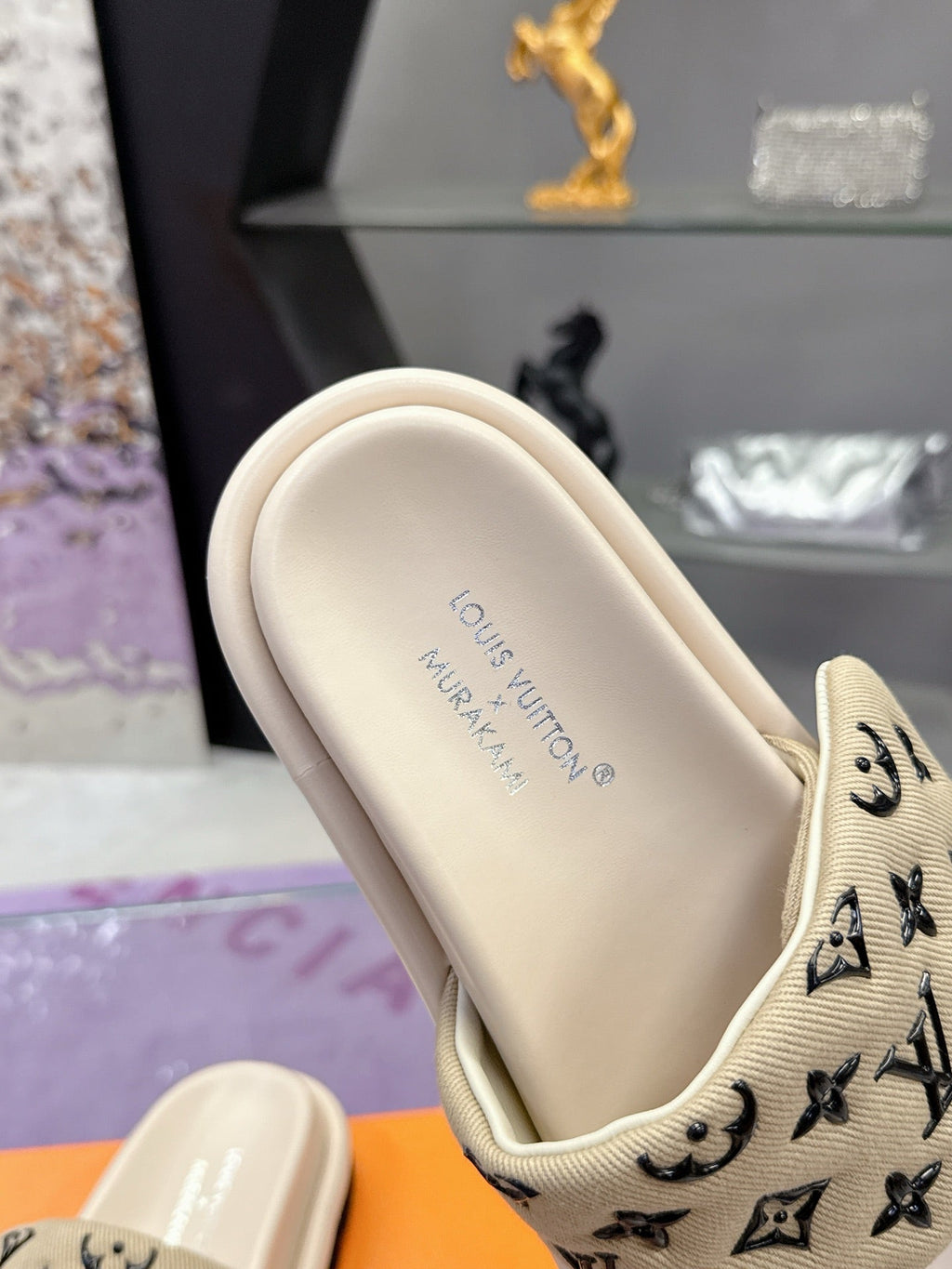 LV 26S POOL PILLOW SLIDES IN BEIGE BLACK MONOGRAM DENIM AND CALFSKIN