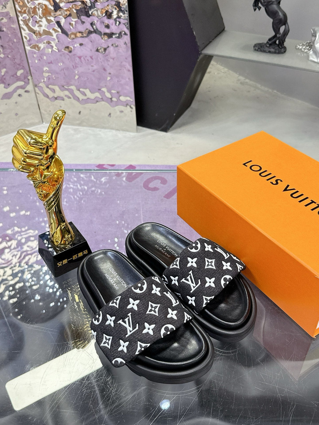 LV 26S POOL PILLOW SLIDES IN BLACK WHITE MONOGRAM DENIM AND CALFSKIN
