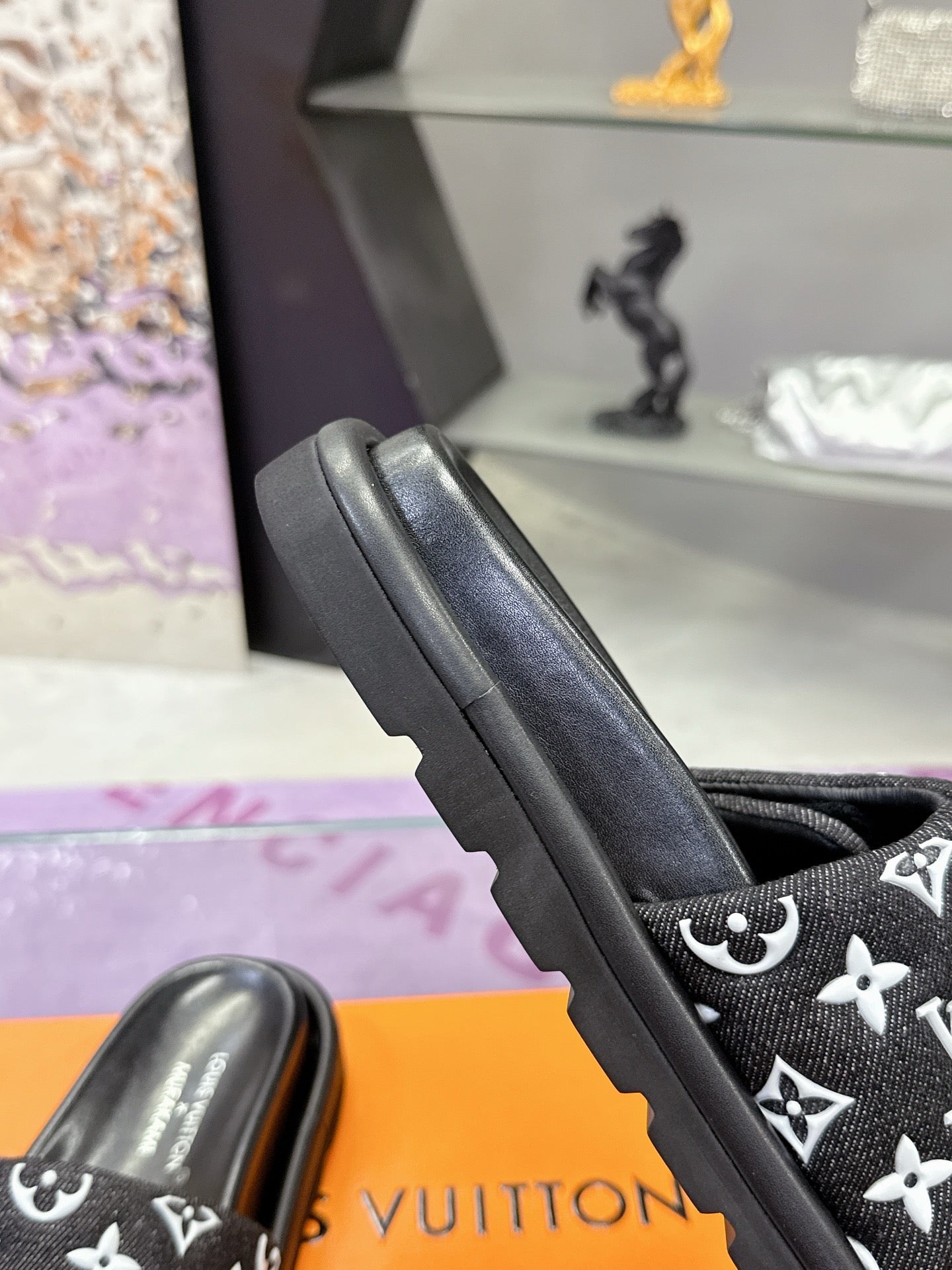 LV 26S POOL PILLOW SLIDES IN BLACK WHITE MONOGRAM DENIM AND CALFSKIN
