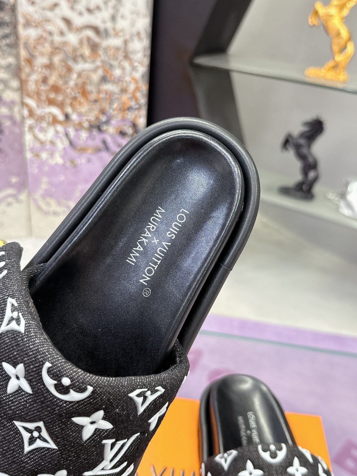 LV 26S POOL PILLOW SLIDES IN BLACK WHITE MONOGRAM DENIM AND CALFSKIN