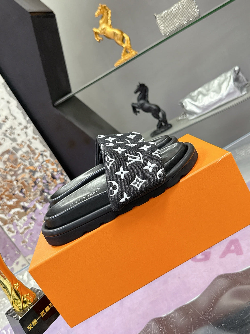 LV 26S POOL PILLOW SLIDES IN BLACK WHITE MONOGRAM DENIM AND CALFSKIN