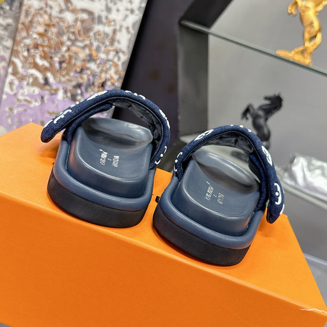 LV 26S POOL PILLOW SLIDES IN NAVY WHITE MONOGRAM DENIM AND CALFSKIN