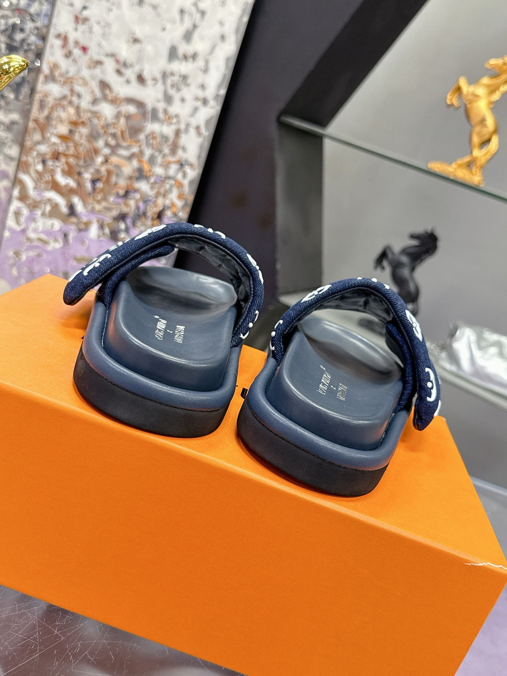 LV 26S POOL PILLOW SLIDES IN NAVY WHITE MONOGRAM DENIM AND CALFSKIN