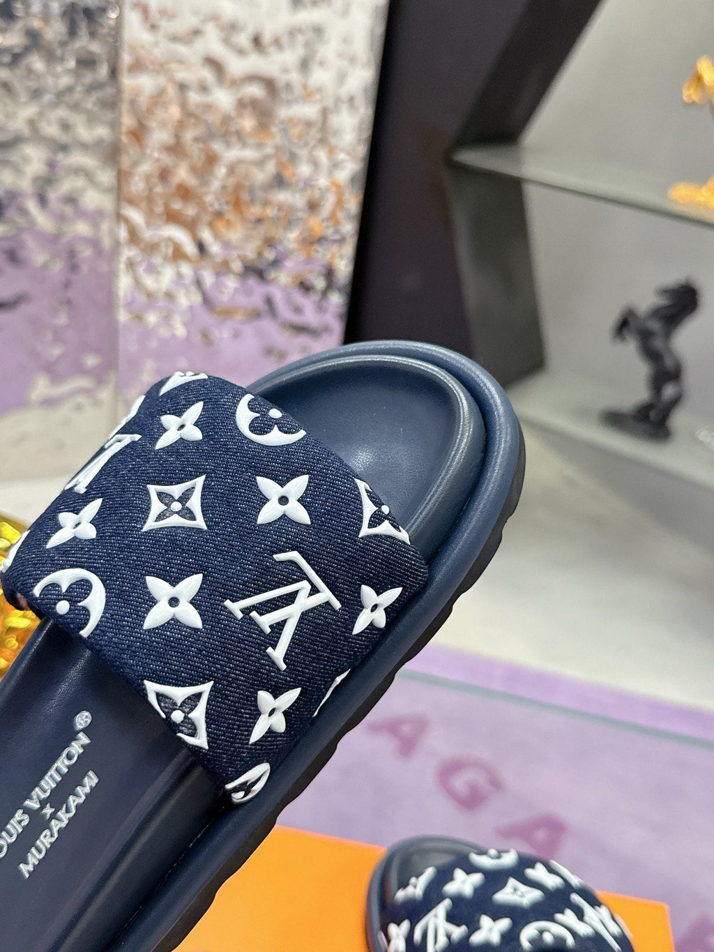 LV 26S POOL PILLOW SLIDES IN NAVY WHITE MONOGRAM DENIM AND CALFSKIN