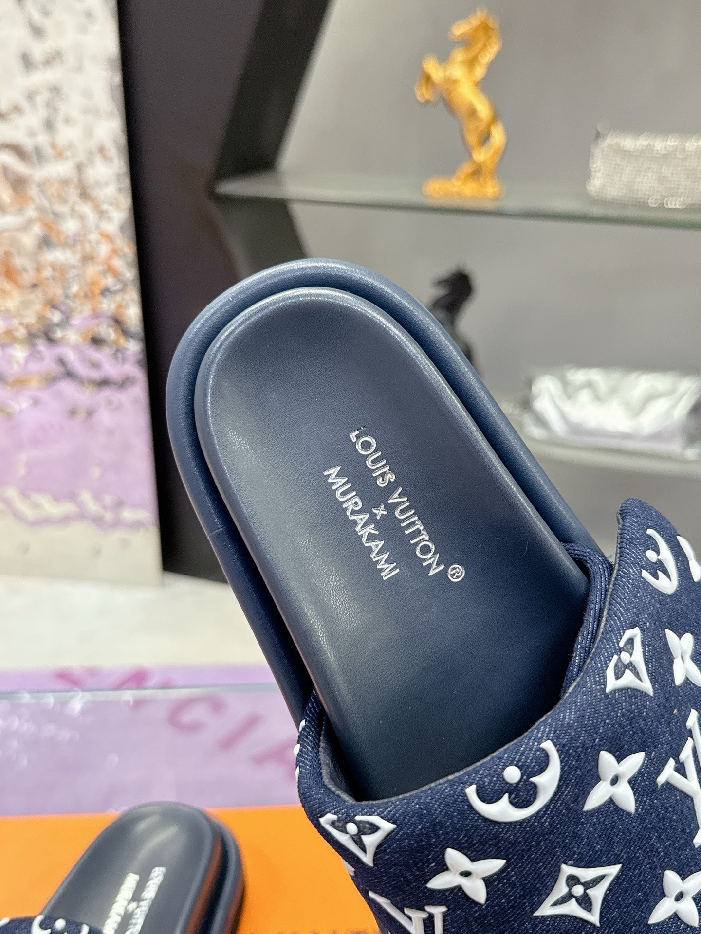 LV 26S POOL PILLOW SLIDES IN NAVY WHITE MONOGRAM DENIM AND CALFSKIN
