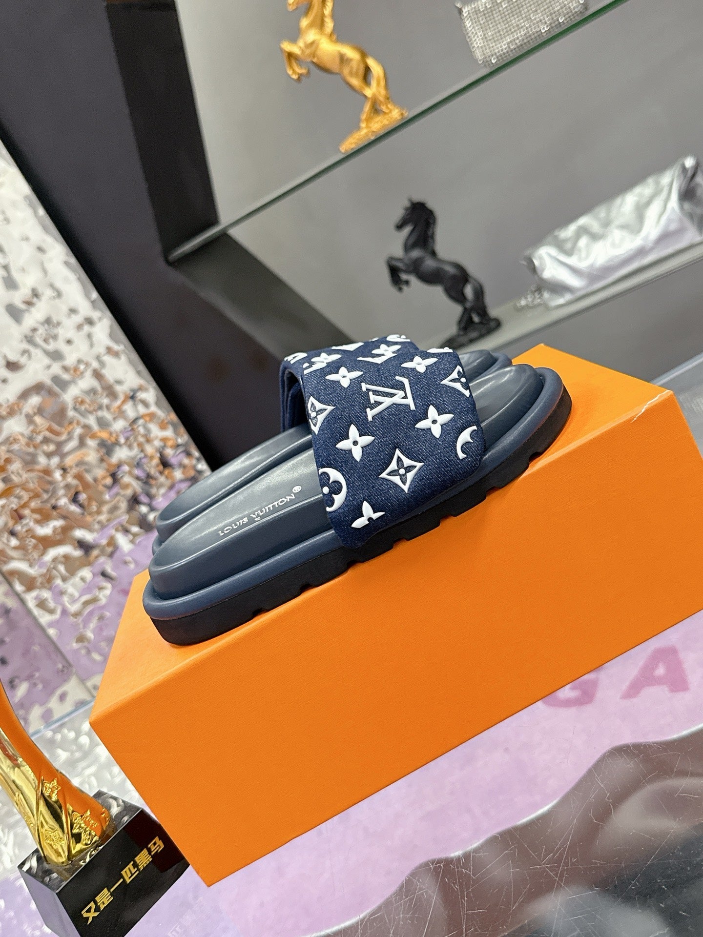 LV 26S POOL PILLOW SLIDES IN NAVY WHITE MONOGRAM DENIM AND CALFSKIN