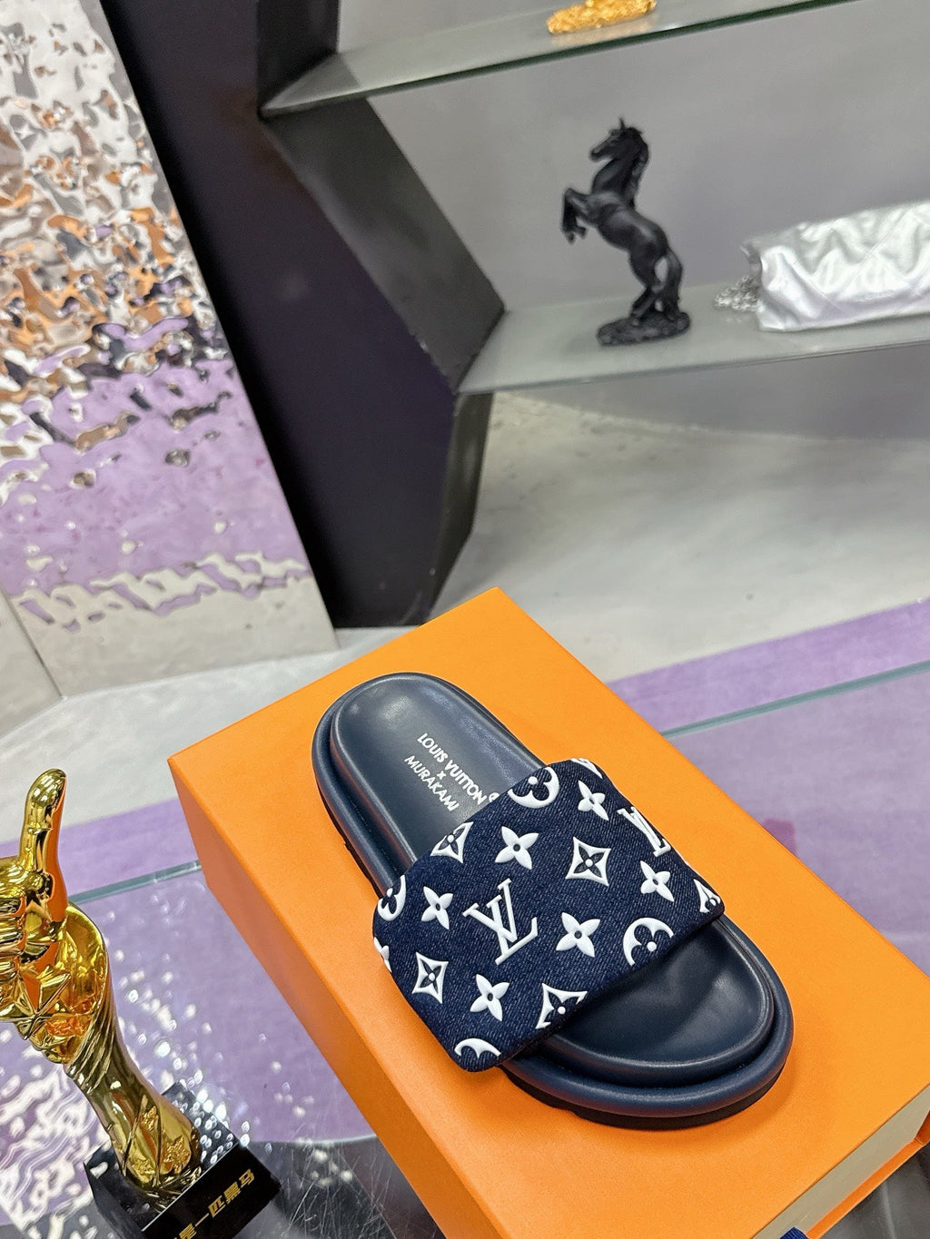 LV 26S POOL PILLOW SLIDES IN NAVY WHITE MONOGRAM DENIM AND CALFSKIN
